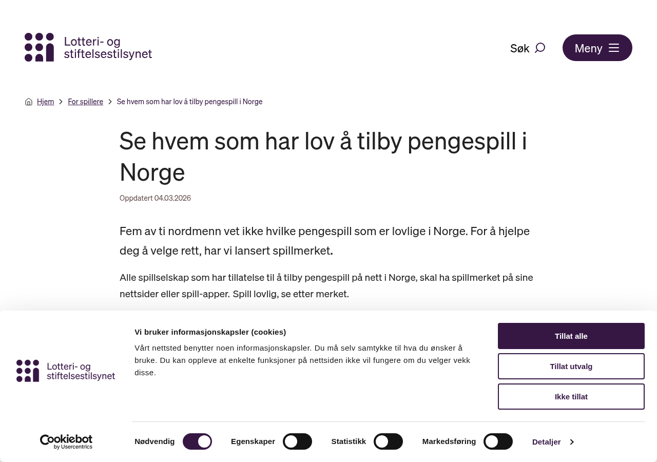 Datert skjermbilde fra Lotteritilsynet