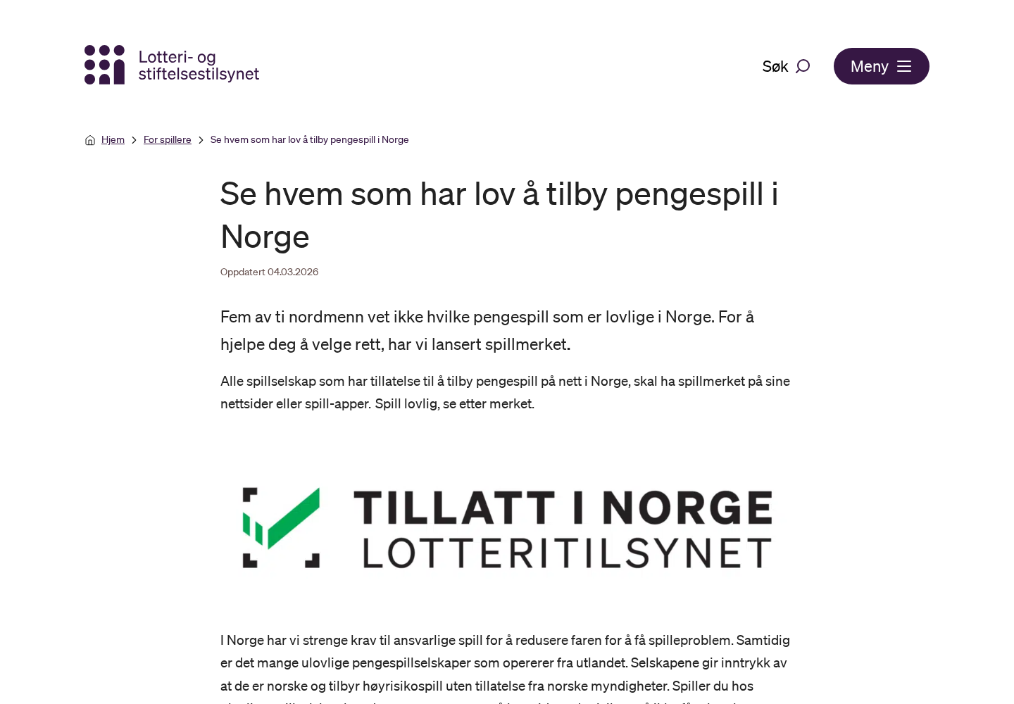 Lotteritilsynets side om lovlige spillselskap i Norge